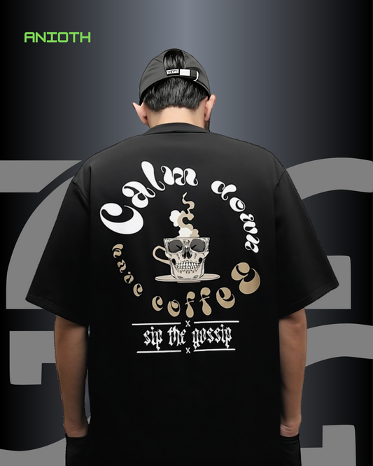 Calm Down Coffee Skull Graphic Unisex Oversized T-Shirt