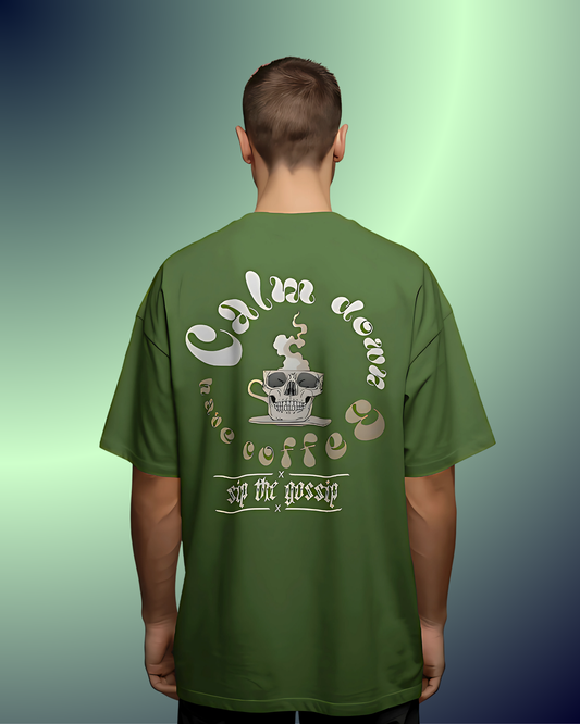 Calm Down Coffee Skull Graphic Unisex Oversized T-Shirt